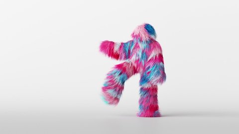 3d render, dancing furry cartoon character, isolated on white background. Colorful pink blue hairy funny monster hip-hop or tecktonik dance