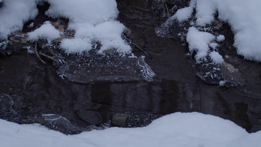 Small stream during winter with snow and ice around in evening light. 4K resolution close up shot. High quality sound of forest ambience and falling snow. 
