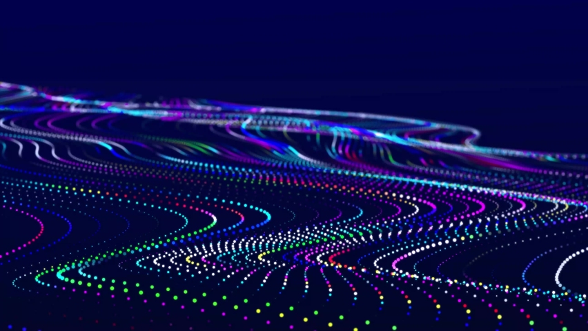 Abstract flow of luminous particles on dark background. Movement of colored dots. Big data visualization. 3D rendering. Seamless loop. 4k Royalty-Free Stock Footage #1066307761
