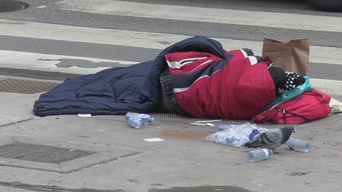 Toronto, Ontario, Canada January 2021 Homeless people in Toronto wealthy business distict during COVID 19 pandemic