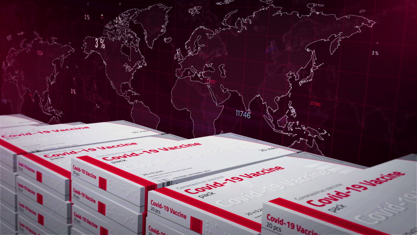 Covid vaccine stats. Covid-19 virus pandemic statistic diagram, chart and graph background with vial pack. Sars-cov-2 vaccination production and delivery. Abstract concept 3d rendering animation. - Powered by Shutterstock - Get 15% off with code: PIKWIZARD15