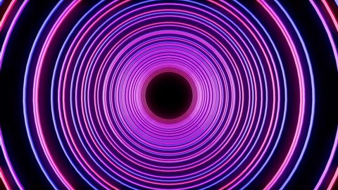 Neon abstract circles hypnosis line retro 80s  3d animation. Whimsical ready for compositing background and screen effect. Intro and outro logo reveal. Trendy vintage green and purple shapes tunnel.