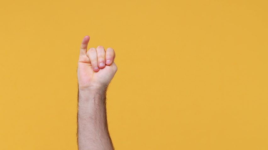 Cropped close up man male hand showing fingers ordinal count from five zero 5 to 0 countdown gesture isolated on yellow background studio. Copy space commercial promo advertisement mock up Advertising