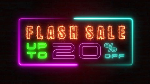 Flashing sale up to percent off colorful neon blaze sign motion banner in black background for promote video. concept of promotion brand sale series 10 to 90 percent