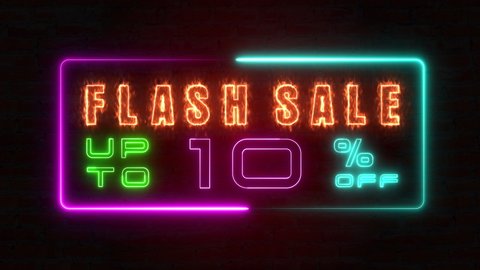 Flashing sale up to percent off colorful neon blaze sign motion banner in black background for promote video. concept of promotion brand sale series 10 to 90 percent