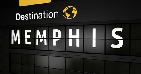 3D generated animation, analog flight information display board with the arrival city of Memphis, 4 different animations