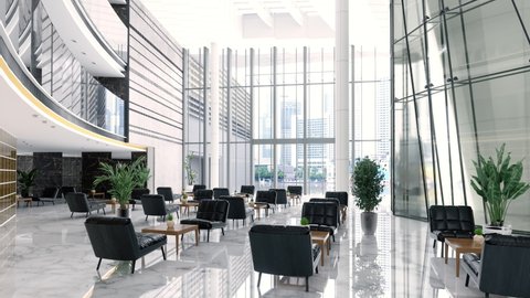 3d Rendering of Luxury Hotel Lobby Or Company Lobby With Black Colored Leather Armchairs, Potted Plants, Coffee Tables And Tiled Floor.