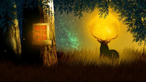 Big deer with moon stands in the forest, Night Fantasy, Shooting stars, Loop animation background.	