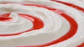 Close up of yogurt with fruit jam, curd cream swirl with berry topping, ProRes macro video