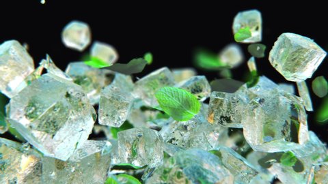 Jumping frosted ice cubes with mint leaves in 4K Slow motion. More IceCube footages in my collection.