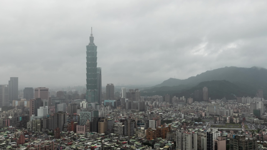 Time Lapse of the buildings of Taipei Taiwan on a cloudy and rainy day.