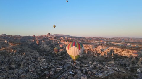 GOREME, TURKEY - NOVEMBER 17, 2020. Cappadocia, Turkey : Balloons in the sky. Aerial view
