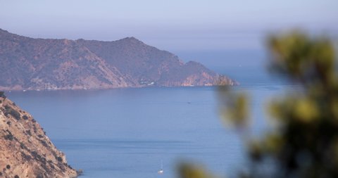 View of cliffs on Catalina Island on a sunny day in the Pacific Ocean.