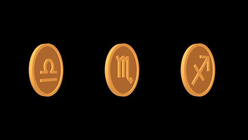 Zodiac signs medallions Libra Scorpio Sagittarius. Icons set. Alpha channel. Looped animation. 3d object, a Signs & Symbol Video by yuriytsirkunov