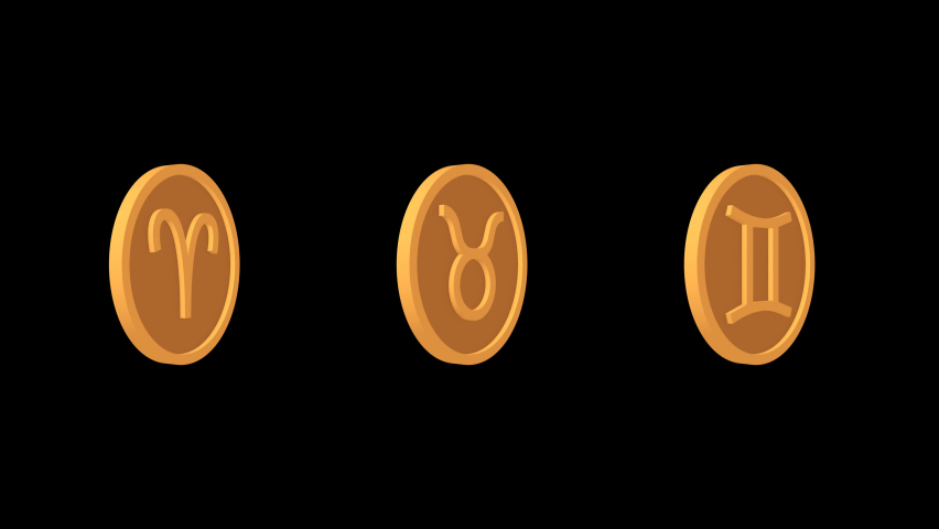 Zodiac signs medallions Aries Taurus Gemini. Icons set. Alpha channel. Looped animation. 3d object, a Signs & Symbol Video by yuriytsirkunov