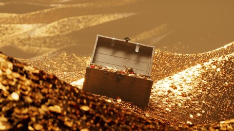 The open old wood chest full of golden coins, shiny jewellery and diamonds. A wooden box with valuables in a vault filled with gold. The precious trunk is full of gold. Mountains of gold. Treasury.