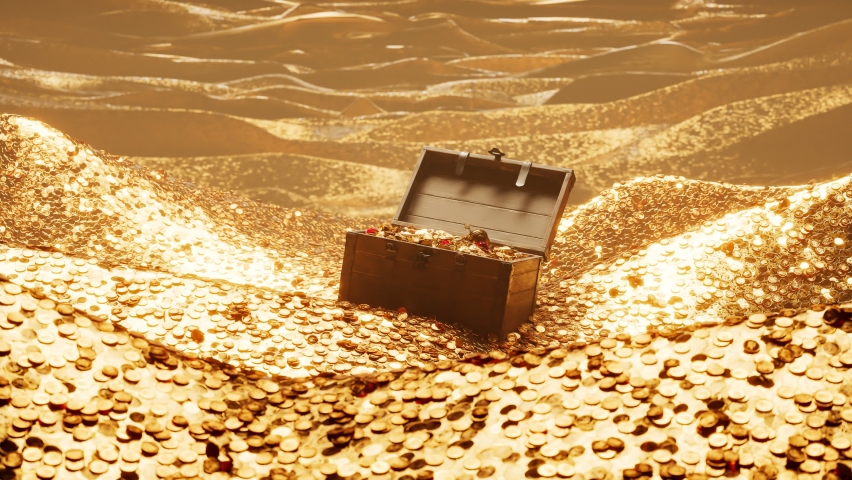 The open old wood chest full of golden coins, shiny jewellery and diamonds. A wooden box with valuables in a vault filled with gold. The precious trunk is full of gold. Mountains of gold. Treasury. Royalty-Free Stock Footage #1066382893