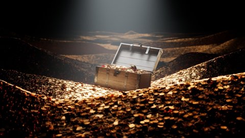 The open old wood chest full of golden coins, shiny jewellery and diamonds. A wooden box with valuables in a vault filled with gold. The precious trunk is full of gold. Mountains of gold. Treasury.