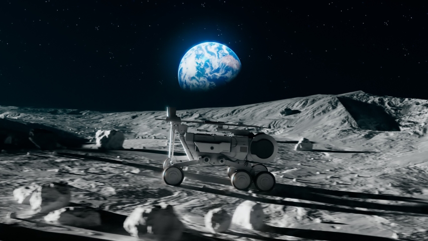 Planetary rover going through a beautiful moon landscape. The solar power robot stops. Planet Earth in background. View on the blue globe in space. Science mission on a silver globe. Cosmic research