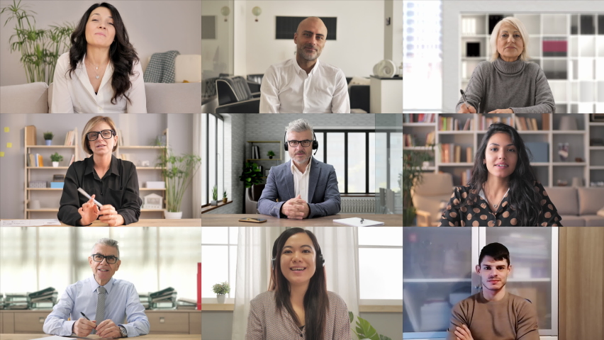 Composition of Group of diverse people having a video chat meeting talking to camera  screen view,multi-racial coworkers partecipate to a conference video call,multi-ethnic colleagues join a webcast Royalty-Free Stock Footage #1066388956