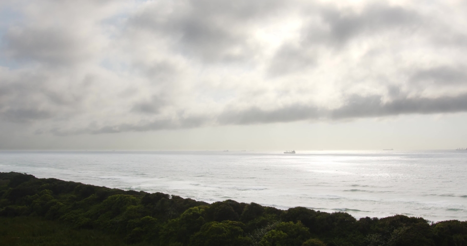 Wide shot of the ocean with vegetation in the foreground and dark clouds covering a ship in the distance