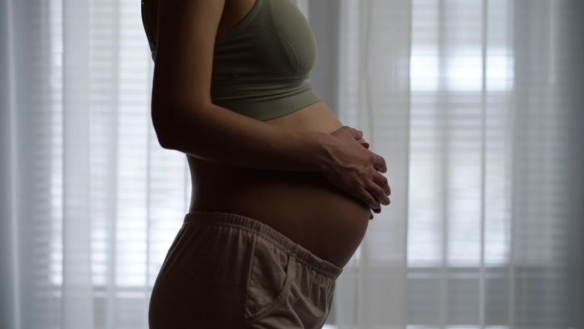 A man walks up to his pregnant wife and strokes her pregnant belly with her. Family expecting a baby, late pregnancy. Image of pregnancy and expectation of a child Royalty-Free Stock Footage #1066398460