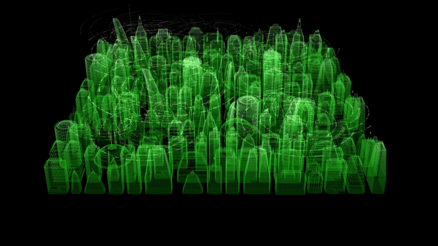 Futuristic digitally generated 3d holographic city in 360 degree rotation with hi-light scanning and 5G communication signals for head up display and user interface design