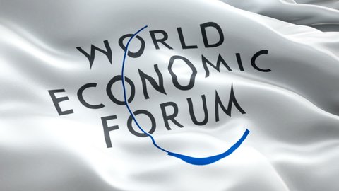 WEF waving flag. National 3d World Economic Forum flag waving. Sign of WEF seamless loop animation. Realistic World Economic Forum Flag background. Footage video for film,news -Moscow,1 May 2020
