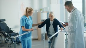 Hospital Physical Therapy: Portrait of Strong Senior Female Patient with Injury Successfully Walks Holding Parallel Bars. Physiotherapist, Rehabilitation Doctor, Help, Assist Disabled Patient - Powered by Shutterstock - Get 15% off with code: PIKWIZARD15