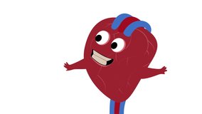 Cartoon human heart organ character icon design in 4k video.