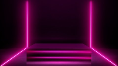 3D Rendering footage of square pedestal with copy space for product placement. Pink Neon light composition with line animation on an empty square pedestal or podium for presentation