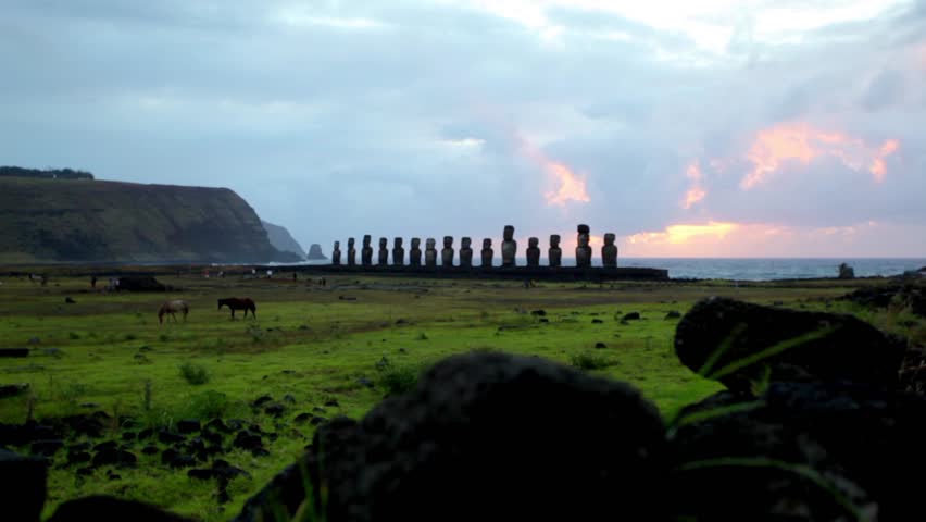 Moai Statues at Dusk in the landscape on Easter Island, Chile image ...