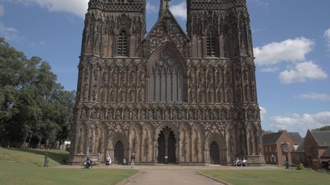 Lichfield Cathedral on sunny day in summer, Lichfield, Staffordshire, England, United Kingdom, Europe