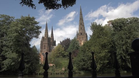 Lichfield Cathedral on sunny day in summer, Lichfield, Staffordshire, England, United Kingdom, Europe