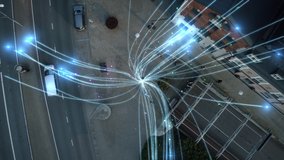 Big City Businessman Uses Smartphone, Stands on Crowded Street. E-Commerce Visualization of Information Lines Flying from Mobile Phone into Global Digital Network. Top Down Zoom out Aerial Drone Shot - Powered by Shutterstock - Get 15% off with code: PIKWIZARD15