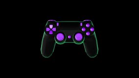 Console gamepad controller rotating on dark background. Gaming concept 3d animation. Neon lights.