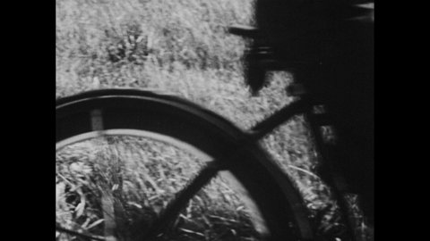 1960s: Boy rides bicycle down road. Front tire of bicycle. Riding by rows of trees. Person cuts grooves in tree to direct sap flow into receptacle. Harvesting tractor on field of cotton.
