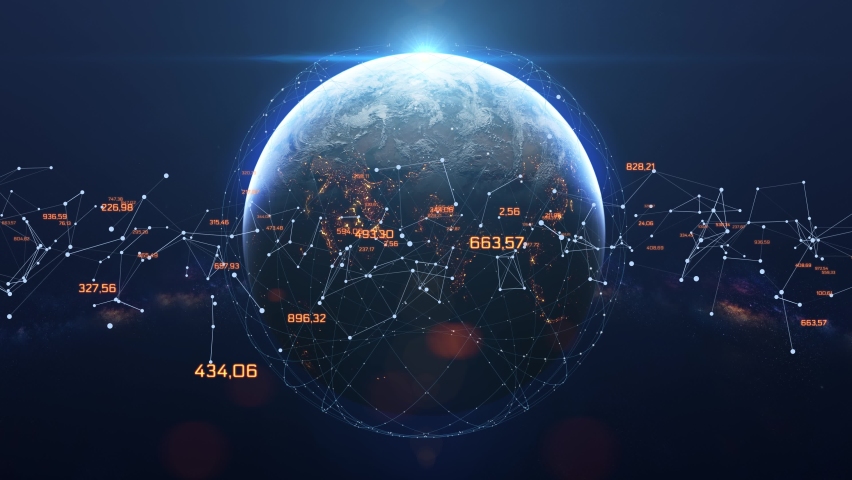 Digital Grid Over the Earth Sunrise. Internet connection by satellites. Global network connection the world abstract 3D rendering satellites. Modern Business and Technology Concept Royalty-Free Stock Footage #1066433491