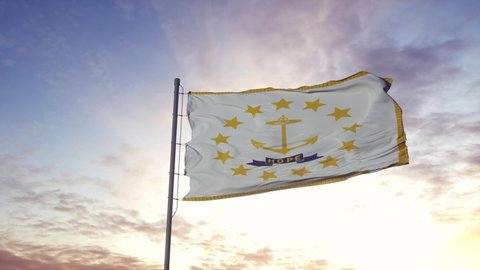 State flag of Rhode Island waving in the wind. Dramatic sky background. 4K