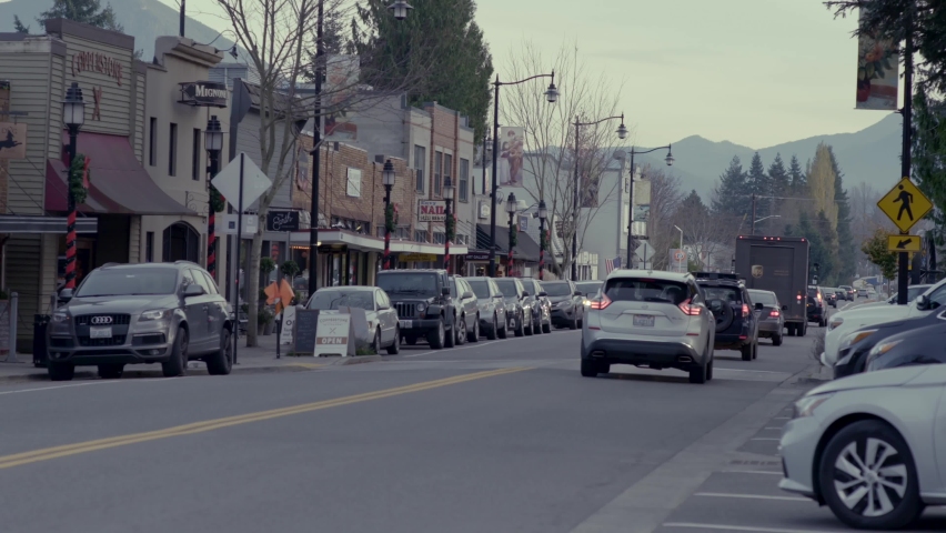 Moving traffic downtown Snoqualmie in Washington State, USA. Washington State is a state in the Pacific Northwest The Washington state