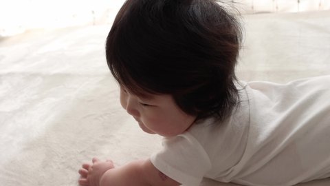 Baby looking back in a prone state (0 years old, 6 months old, girl, Japanese)