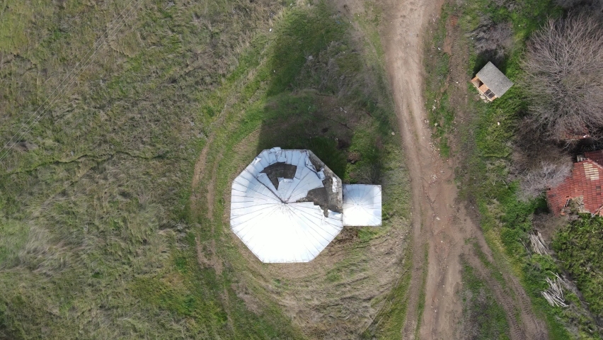 Aerial view of Sixteenth century Ottoman tomb of Hazar Baba (Hazar Baba Tyurbe) in village of Bogomil, Haskovo Region, Bulgaria