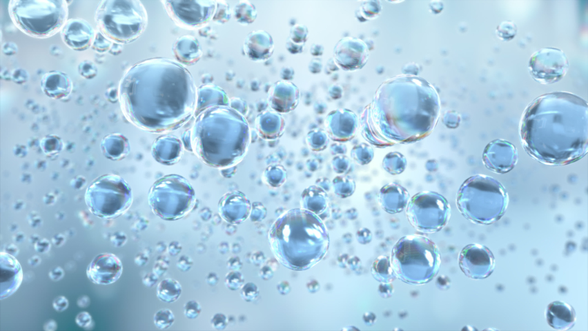 Macro shot of various serum bubbles in water rising up on light background. Super slow motion Beauty glossy Moisturizing bubble blobs or drops 3D animation design Royalty-Free Stock Footage #1066463695