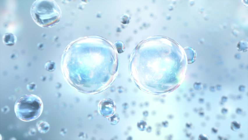 Macro shot of various serum bubbles in water rising up on light background. Super slow motion Beauty glossy Moisturizing bubble blobs or drops 3D animation design