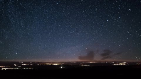 Starry night sky with stars time lapse motion over countryside traffic astronomy