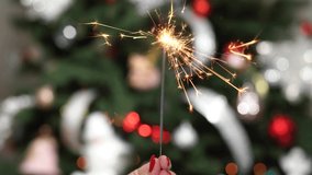 Closeup view 4k video of beautiful female hands with bright red painted nails holding one stick of holiday sparkler burning isolated at blurry Christmas tree bokeh background