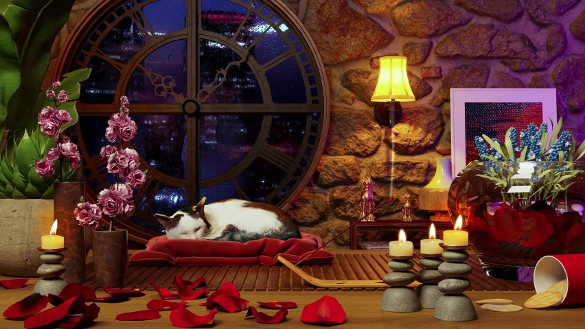 3d render: 
A cozy cabin with burning candles against the background of a stone wall, dim lights and a sleeping cat. Autumn evening in the room and raindrops flowing down the window