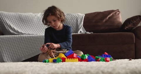 Small boy sit on carpet on floor in warm cozy living room play with dinosaur toy colorful plastic construction blocks. Weekend leisure playtime activity, child development, playthings store ad concept