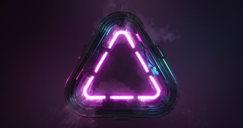 Cyber City glowing neon light abstract triangular shape. Smoke and heat generated by portal or sign. title or intro to video or composition for VJ, event, concerts. particle plasma. 3D render, 4K loop
