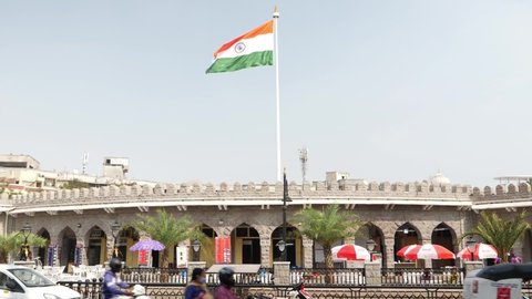 India - Hyderabad January 2021: Micro shot of Indian flag in Hyderabad city, View of Indian flag on a wall